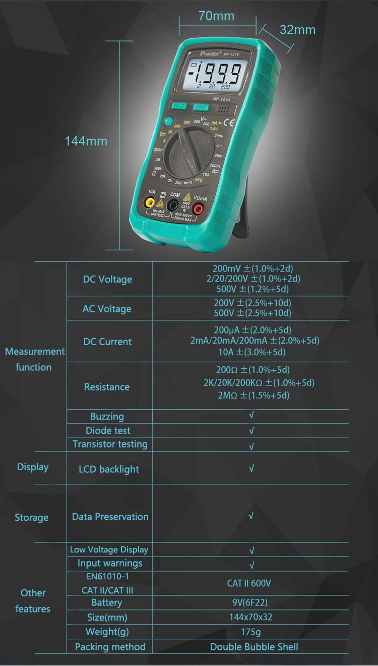 Proskit мини цифровой мультиметр ЖК-дисплей подсветка диод тестер-Транзистор тестер метр Профессиональный AC DC Карманный мультиметр