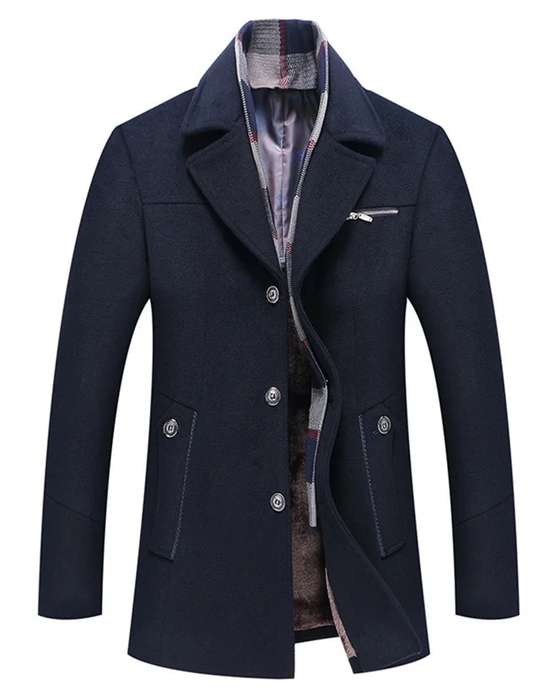 Panelled Mens Designer Wool Jackets Fashion Slim Single Breasted Mens Wool Coats Casual Pocket Males Clothing - Цвет: Тёмно-синий