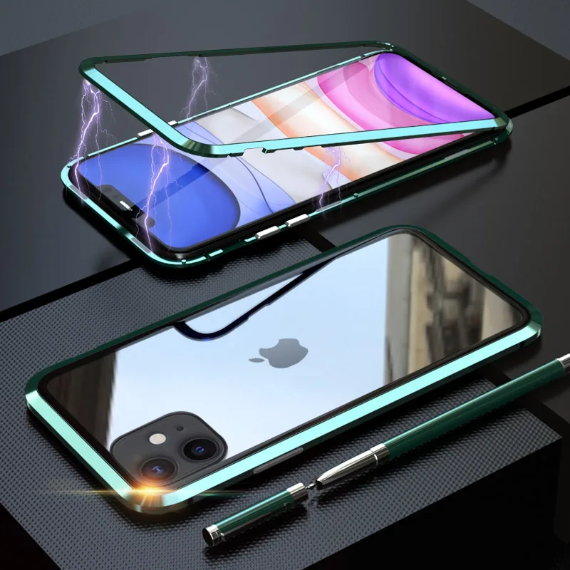 Магнитный металлический чехол для телефона iPhone 11 pro макс. закаленное стекло чехол для задней крышки для iPhone11pro MAX Магнитный чехол - Цвет: Green