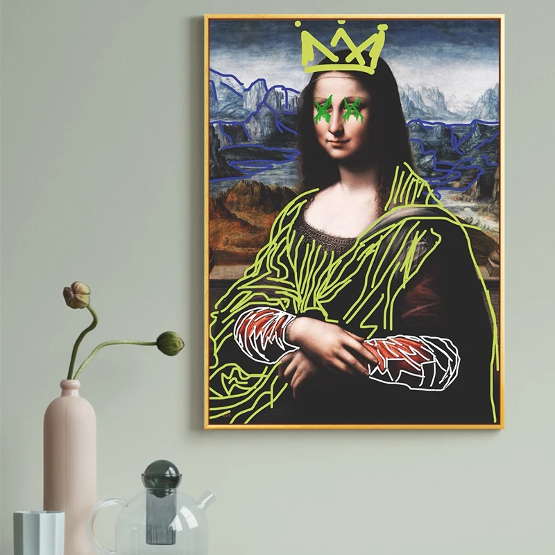 Mona Lisa with Cartoon Crown Doodle Canvas Painting Posters and Prints Wall Art Picture for Living Room Home Decoration Cuadro | Дом и сад