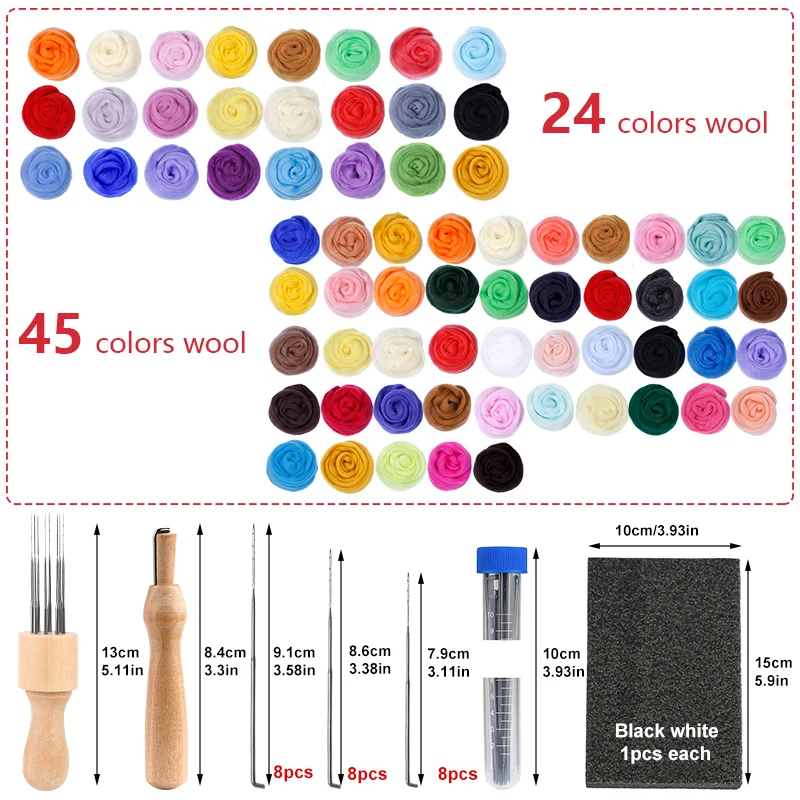 LMDZ 24/45 Colors DIY Wool Felt Kit Handmade Needle Felting Kit Starter Pack Felting Fabric Materials Accessories