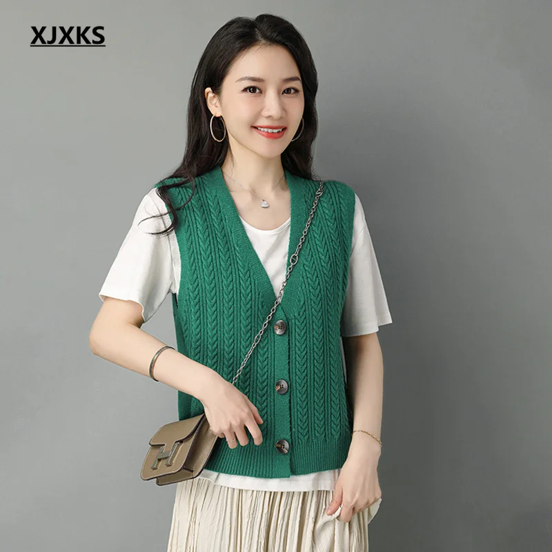 

XJXKS 2022 Spring Autumn New Fashion V-neck Single-breasted Cardigan Women Vest Comfortable Wool Knitted Sleeveless Sweater