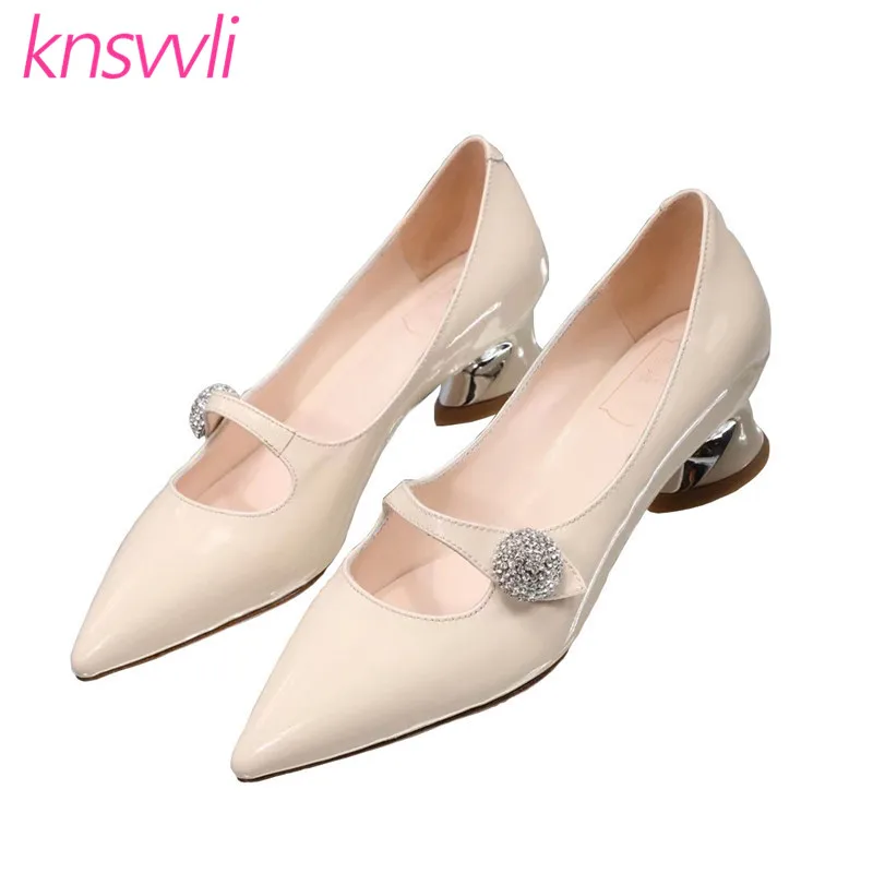 

New Patent leather Strange Style High Heel Women Pumps Pointed Toe Rhinestone Buckle Party Dress Shoes Woman Zapatos De Mujer