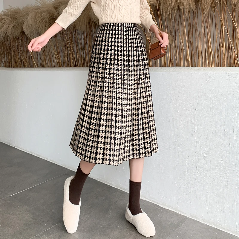 

Spring Autumn knitting Women Vintage Pleated Skirts Elastic High Waist Houndstooth Pattern Slim Ladies Midi Skirt Female