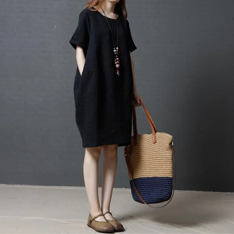 

Summer Wear New Style 2018 Korean-style Loose And Plus-sized WOMEN'S Dress-Style Cotton Linen Solid Color Short Dress Women's