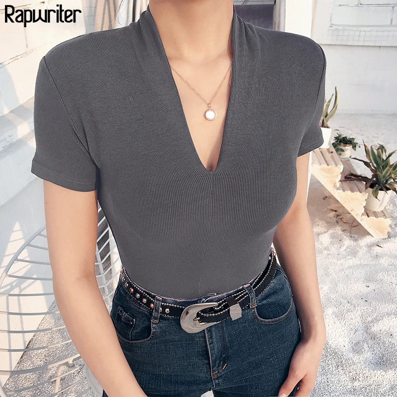 Rapwriter Skinny Knitted Summer Bodysuit Women 2020 Stretch V-Neck Short Sleeve Open Crotch body mujer romper women's clothing Rapwriter Skinny Knitted Summer Bodysuit Women 2020 Stretch V-Neck Short Sleeve Open Crotch body mujer romper women's clothing