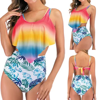 

2020 New Women Bathing Suit Rainbow Gradient Floral Flounce Overlay Split Underwear Set High Waisted Tankini Ruffle Pad Intimate