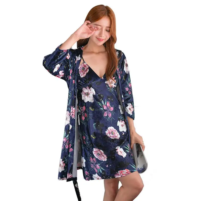 Sexy Womens Night Robe Strap Top Pajamas Suit Velour Two Piece Sleepwear Sets Casual Home Wear Nightwear Sleep Kimono Bath Gown - Цвет: Navy Blue