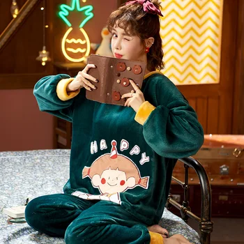 

Green Top New Soft Long Sleeve Long Pants Sleepwear Fashion Style Casual Style Cartoon Printing Woman Clothes Coral Fleece