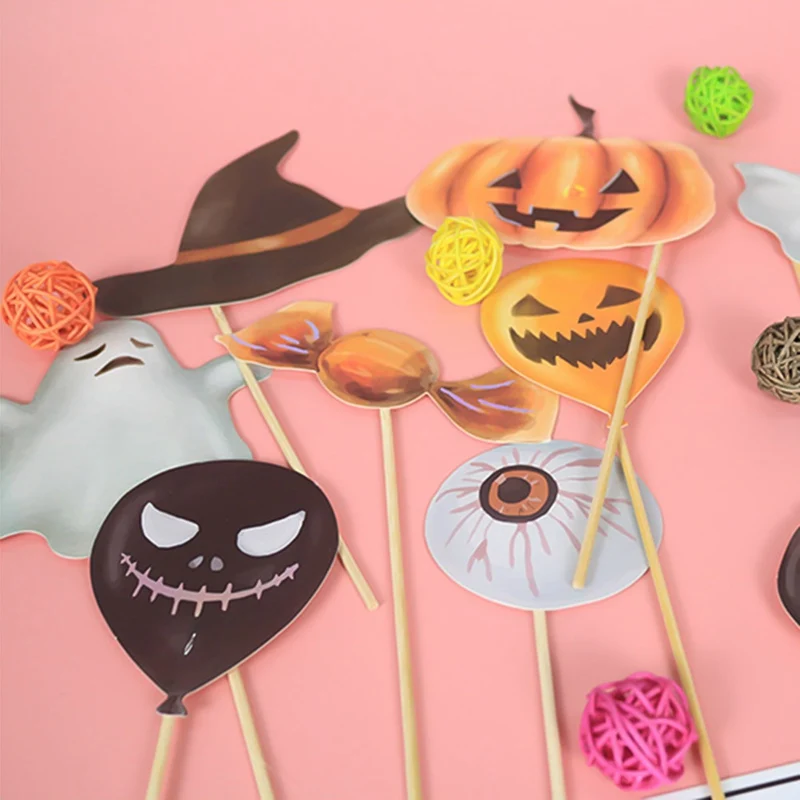 10 Pcs Halloween Decoration Photo Booth Props Mask Photo Props Spider Bat Witch Cats Wedding Birthday Party Accessories