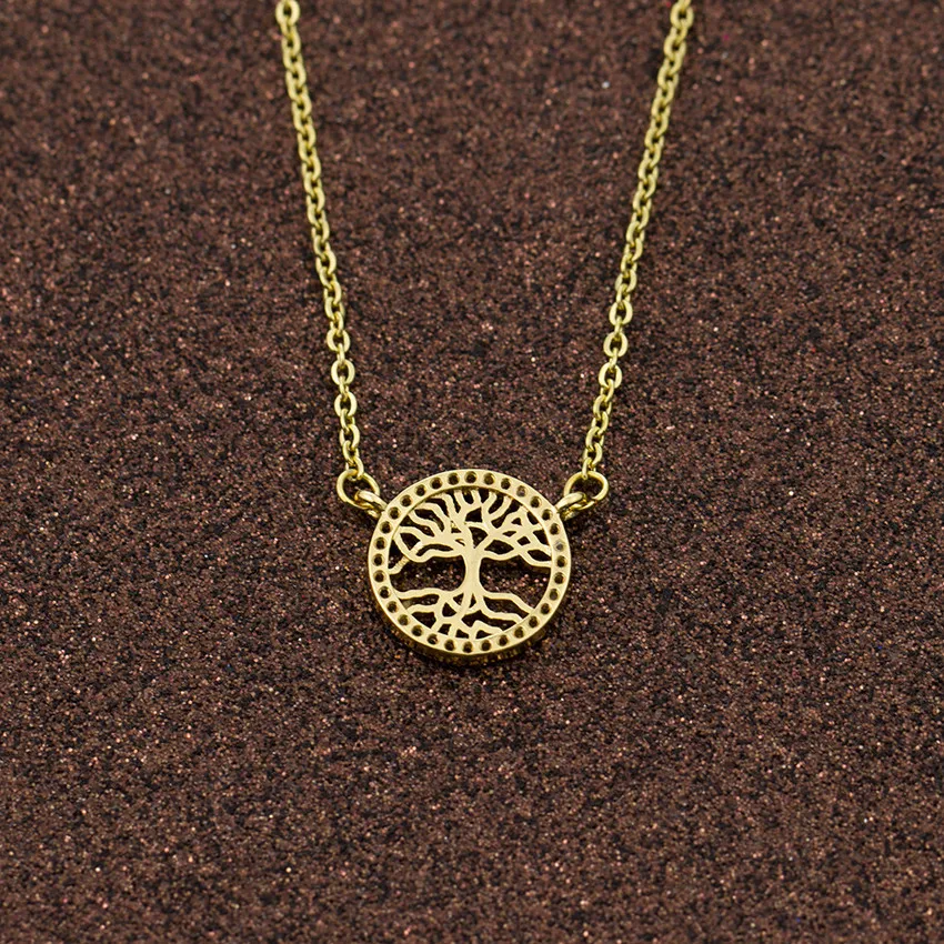 Stainless Steel Gold Chain Tree Of Life Pendant Necklaces Copper Crystal Natural Cubic Zirconia Necklace Women Bridesmaid Gift | Украшения