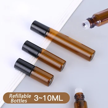 

3/5/10ml Portable Amber Transparent Thick Glass Roller Rollerball Essential Oil Bottles Mist Container Travel Refillable Bottle