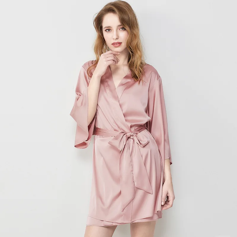 

Bride Bridesmaid Dressing Robe Gown Loose 3/4 Sleeve Women Rayon Kimono Bathrobe Sexy V-Neck Nightgown Summer Short Home Dress