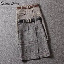 SparkDora, Осенние клетчатые женские шерстяные юбки, Модные Винтажные тонкие женские элегантные прямые юбки, повседневные уличные модные женские низ