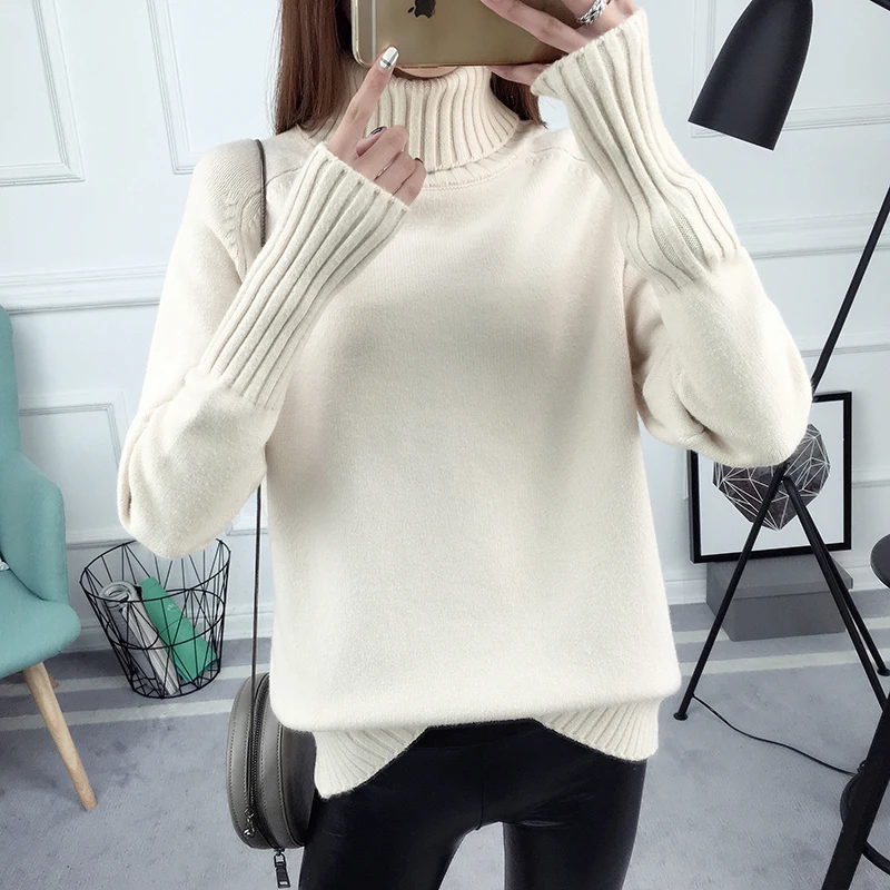 Новинка, женский свитер, водолазка, толстая, Осень-зима, вязаная одежда, корейский пуловер с высоким воротником, вязаная рубашка, LXZ009 - Цвет: beige