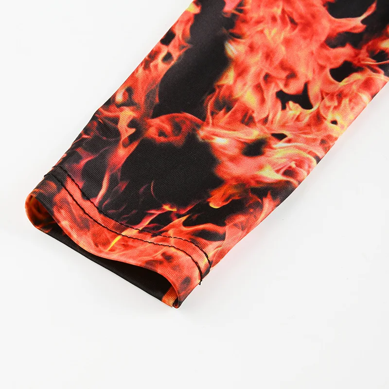 BOOFEENAA Flame Printed High Neck Long Sleeve Shirt Fall Winter Trendy Clothes for Women Sexy Graphic Tees T Shirts C67-H19