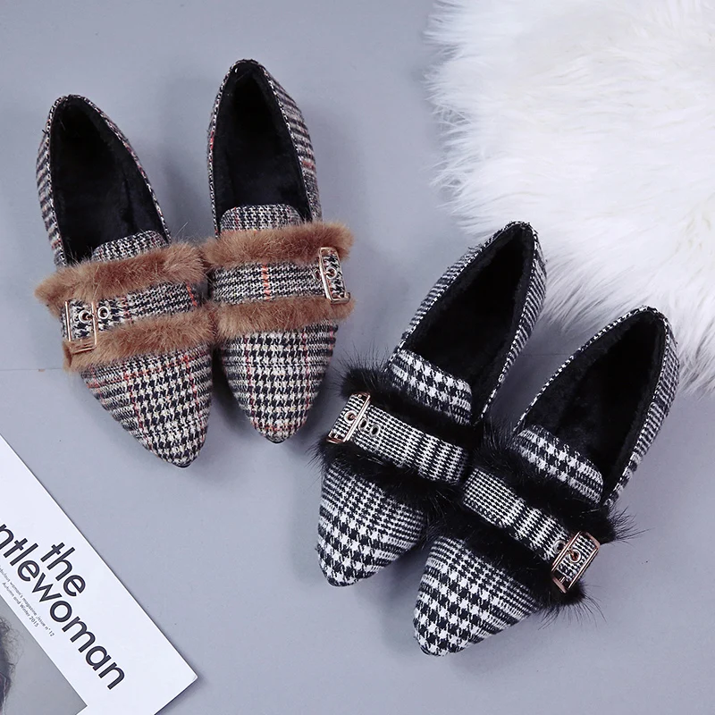 

Casual Woman Platform Shoes Autumn Loafers Fur All-Match Women's Moccasins Modis Buckle Strap Flats Pointed Toe Nurse Fall New
