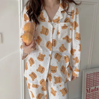 

2020 New Pajamas Women Fall/winter Cartoon Bear Print Cotton Long-sleeved Cute Pajamas Two-piece Home Sleepwear Set