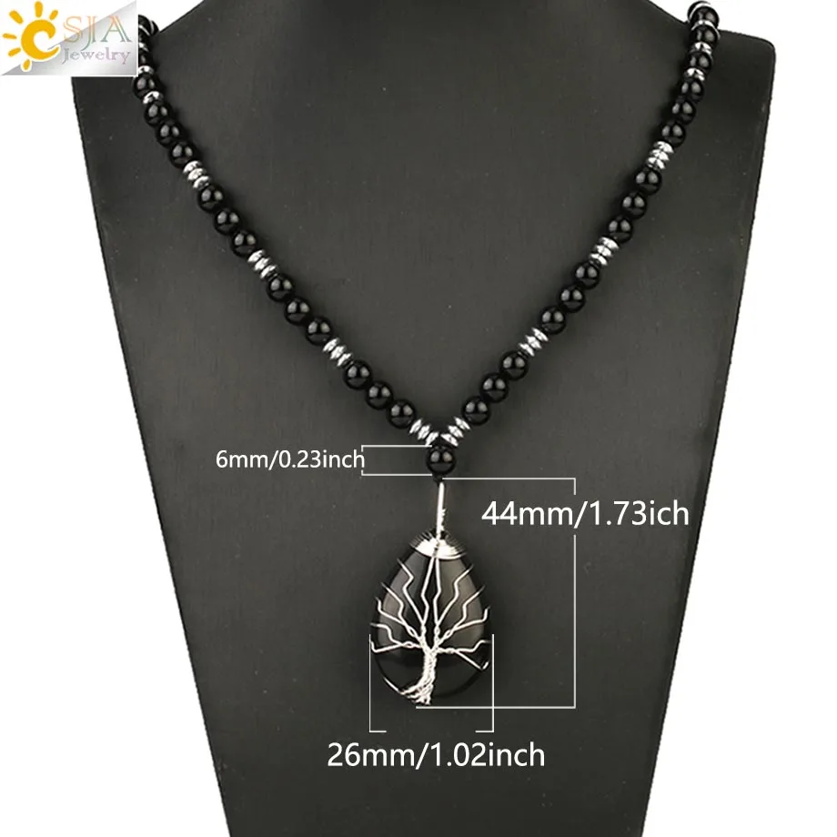 CSJA Tree of Life Wire Wrap Water Drop Pendants Chakra Natural Stone Aventurine Pink Crystal Beaded Necklaces for Women Men S476