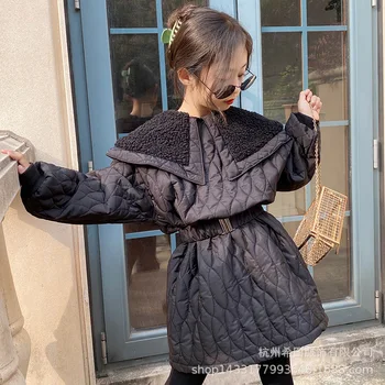 

Girls lapel dress 2020 winter new girls retro waist quilted mid-length dress coat