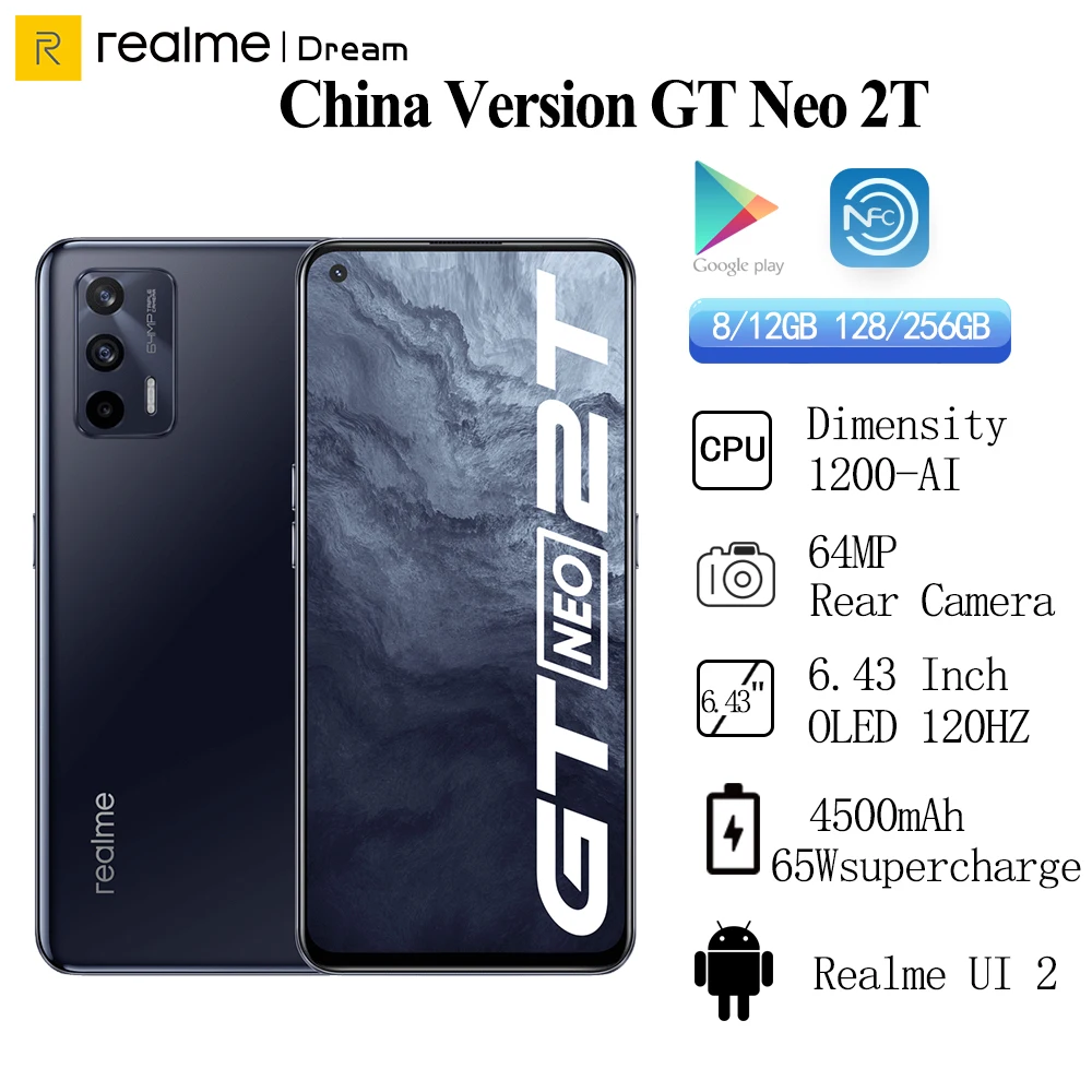  Realme GT Neo 2T Smartphone Dimensity 1200-AI 5G 64MP 6.43\" OLED 120Hz 65W Super Fast Charger 4500mAh Dolby Atmos Octa Core NFC 