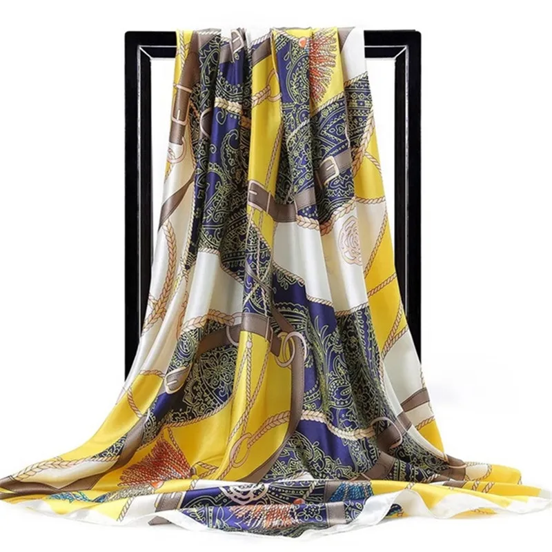  Silk Scarf Women Print hair neck Square Scarves Office Ladies Shawl Bandanna 90*90cm Muslim Hijab H