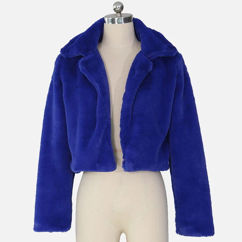 Зима, теплое пушистое пальто из искусственного меха, женская меховая укороченная куртка из искусственного меха с отложным воротником, верхняя одежда с открытой строчкой спереди - Цвет: Blue