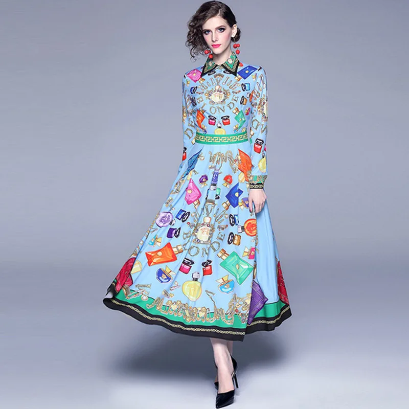 

Designer runway dress high quality 2019 women autumn blue floral print turn-down collar long sleeve maxi dress boho vestidos