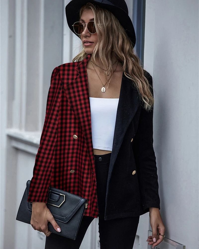 

Plaid Coat Women Fall Color Block Jacket Loose Party Long Sleeve Slimming Lapel Neck Metal Buttons Single Breasted Clothes