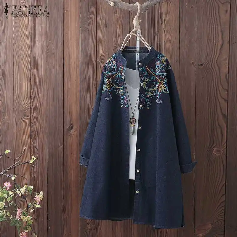  ZANZEA Autumn Long Sleeve Denim Blue Blouse Women Vintage Embroidery Shirt Blusas Femininas Tunic T