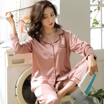 

Satin Pajamas Women Spring and Autumn Long-Sleeved Two Piece Suit Large Size Green Color Pants Pajamas Set Piyamas Women Clothes