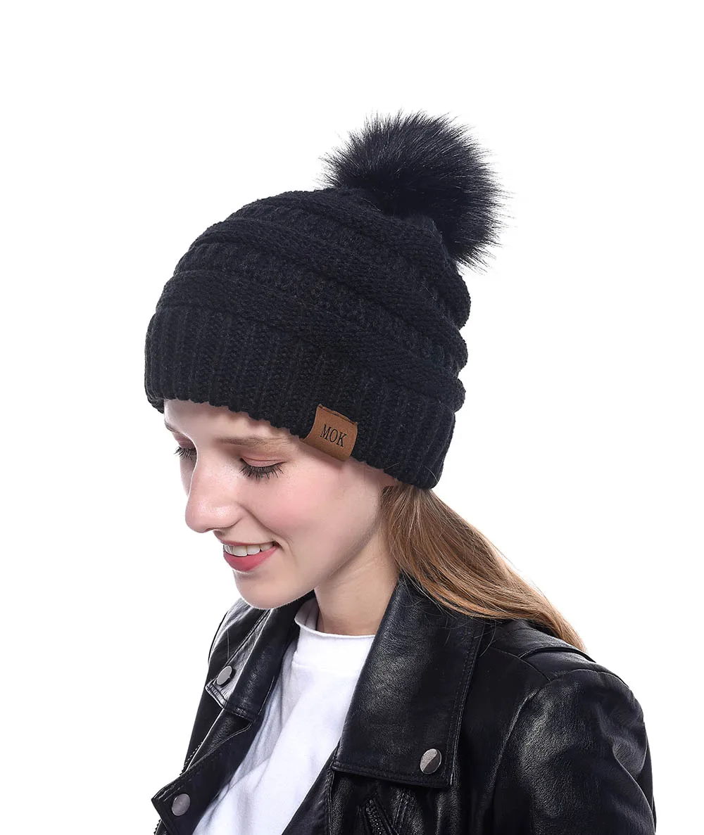 Woman Winter Warm Knitted Hat with Faux Fur Pom Pom Ball Skully Beanie hats Soft Thick Female casual ski caps