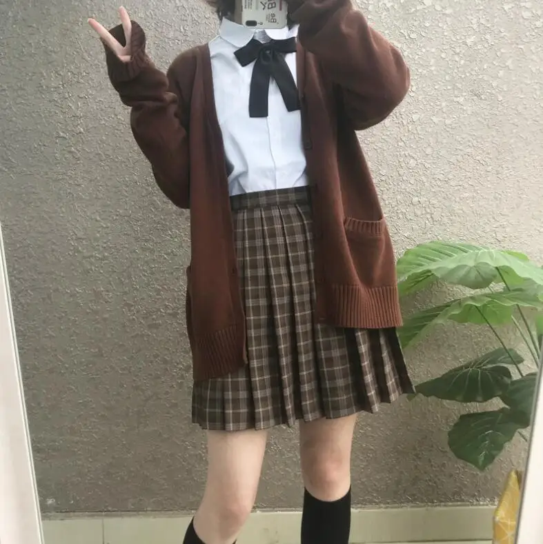 Японская школьная форма для японской средней школы, осенне-зимняя рубашка с длинными рукавами и круглым вырезом черная плиссированная юбка вязаный свитер, комплект из трех предметов