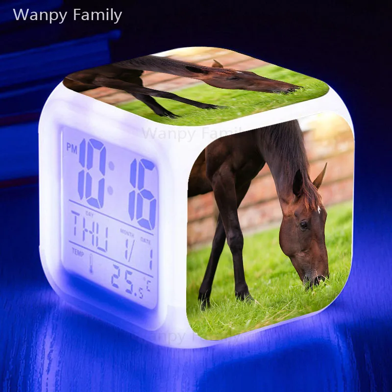 Будильник с изображением лошадок, светодиодный цифровой будильник с большим экраном, многофункциональные будильники для детской комнаты, меняющие цвет - Цвет: Темно-синий