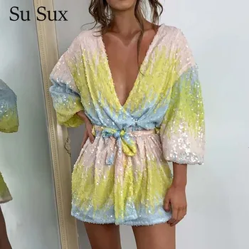 

African Dresses For Women Sexy Sequim Mini Dress Sparkle Deep V-Neck Bodycon Dress African Clothes Lace Up Vestidos Party Club