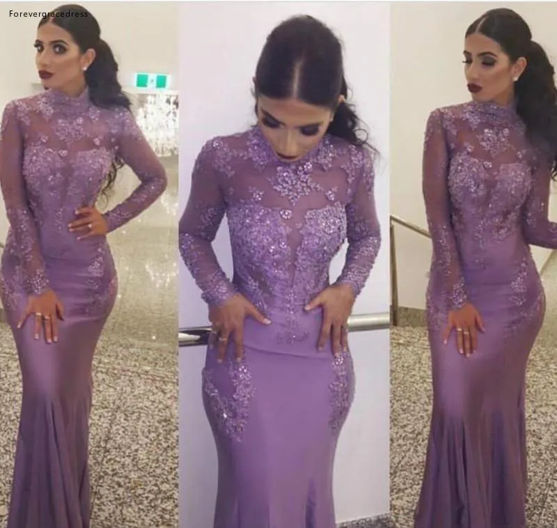 2018 Lavender High Neck Chiffan Mermaid Evening Dresses Lace Appliques Illusion Beaded Sheath T-shirt Long sleeves Floor Length Formal Gowns  128