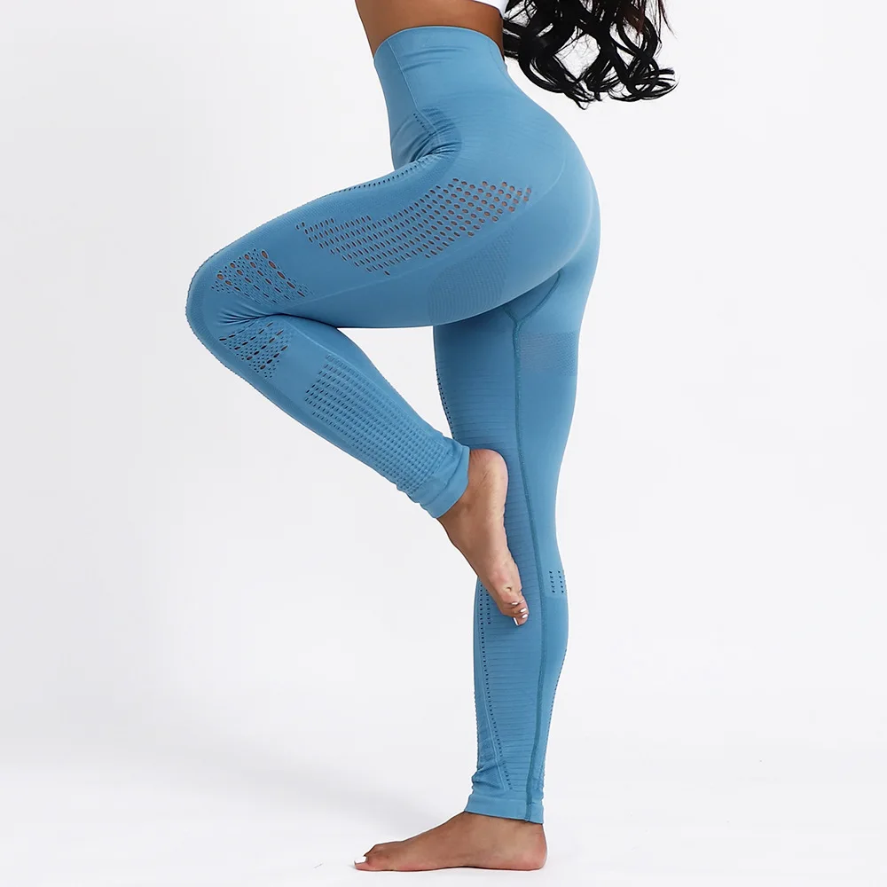 Спортивные Леггинсы для бега, Женские Бесшовные штаны для йоги, высокая талия, полые лосины Леггинсы для спортзала, фитнеса, тренировок, тренировок, пуш-ап леггинсы - Цвет: Синий