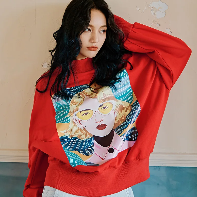 

Street Top Women Web Red Loose Figure Printed Sweatshirt Red Cloth 2019 Fashion Sweatshirt Woman Clothes