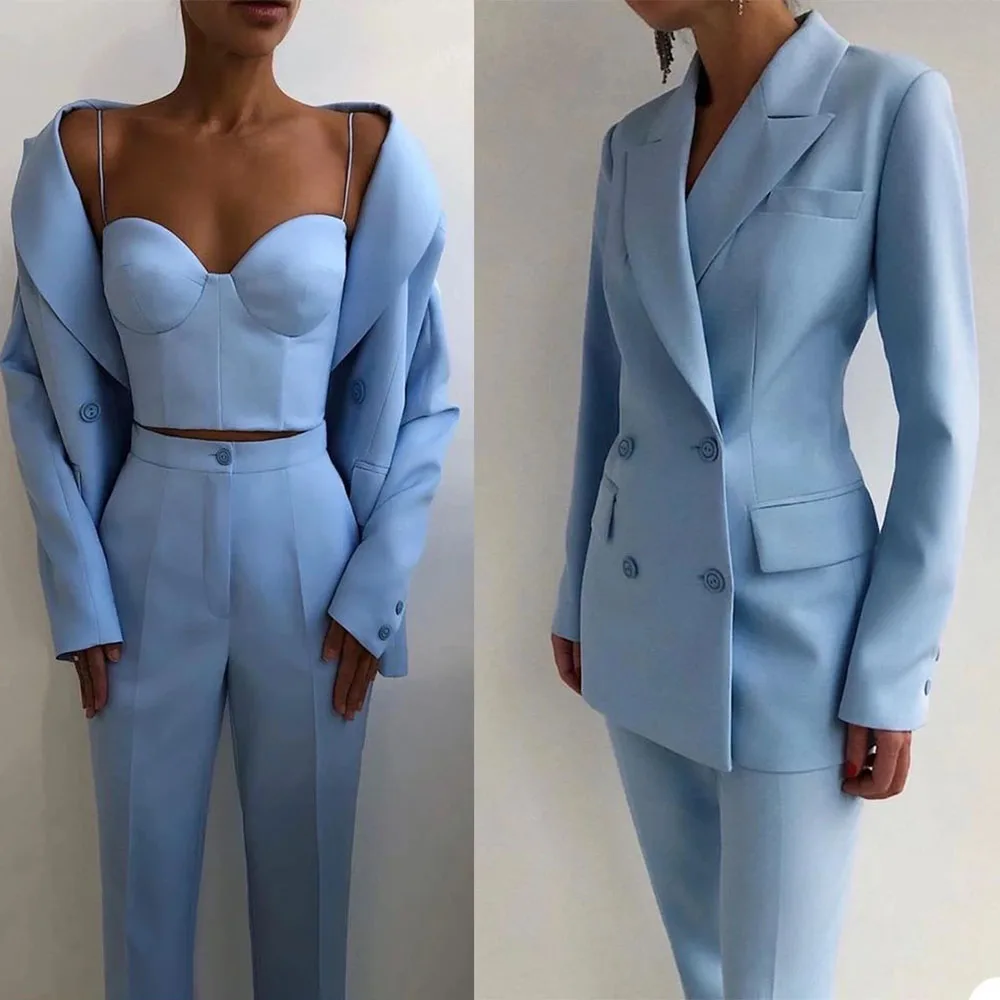 Blue Spring 3 Pieces Set Mother Of Bride Wedding Suits Women Jacket+Vest+Pants Outfits Leisure Evening Prom Party Custom Made