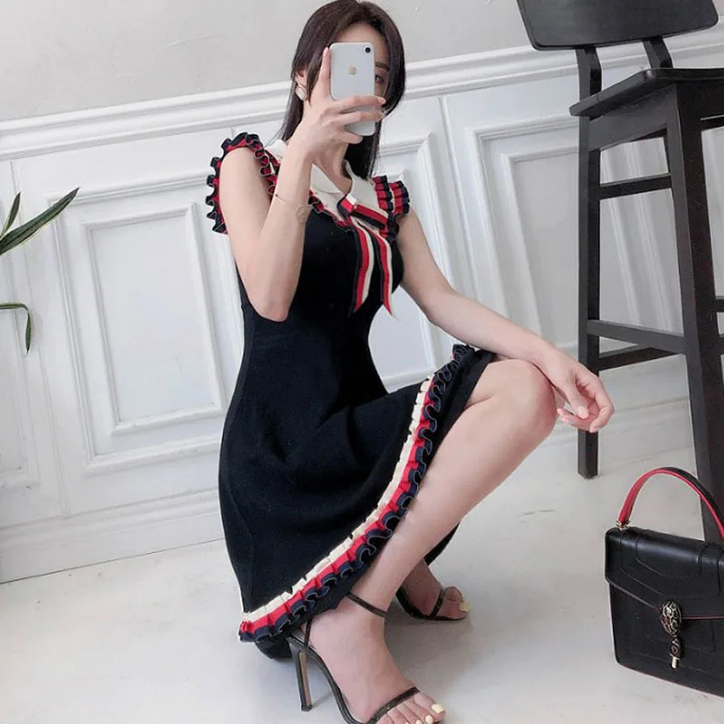 

Women's Dress 2019 Summer New Products Korean-style Elegant Peter Pan Collar Flounced Waist Hugging Slimming Jersey Dress