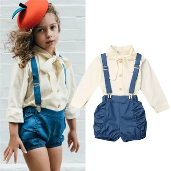 

6M-3T Infant Kids Baby Girls Clothes Toddler Set Children Outfit Long Sleeve Shirt+Overalls Shorts 2pcs Toddler Girls Suits
