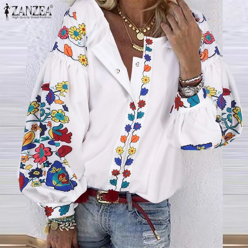 ZANZEA camisas bohemias estampado para mujer, Blusa de manga abombada, Blusas florales, Túnica con botones mujer 2022|Blusa| - AliExpress