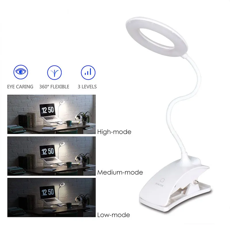 

LED Touch Desk Lamp Switch 3 Modes With Clip Eye Protection Table Lamp Lighting Reading Dimmer Rechargeable USB Led Table Lamps