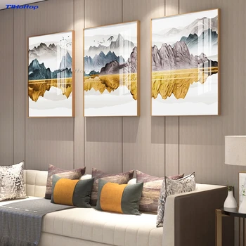 

Aluminium + Crystal Porcelain Painting Chinese Wall Mural for Sofa background Landscape Paintings Triad gold Outer frame