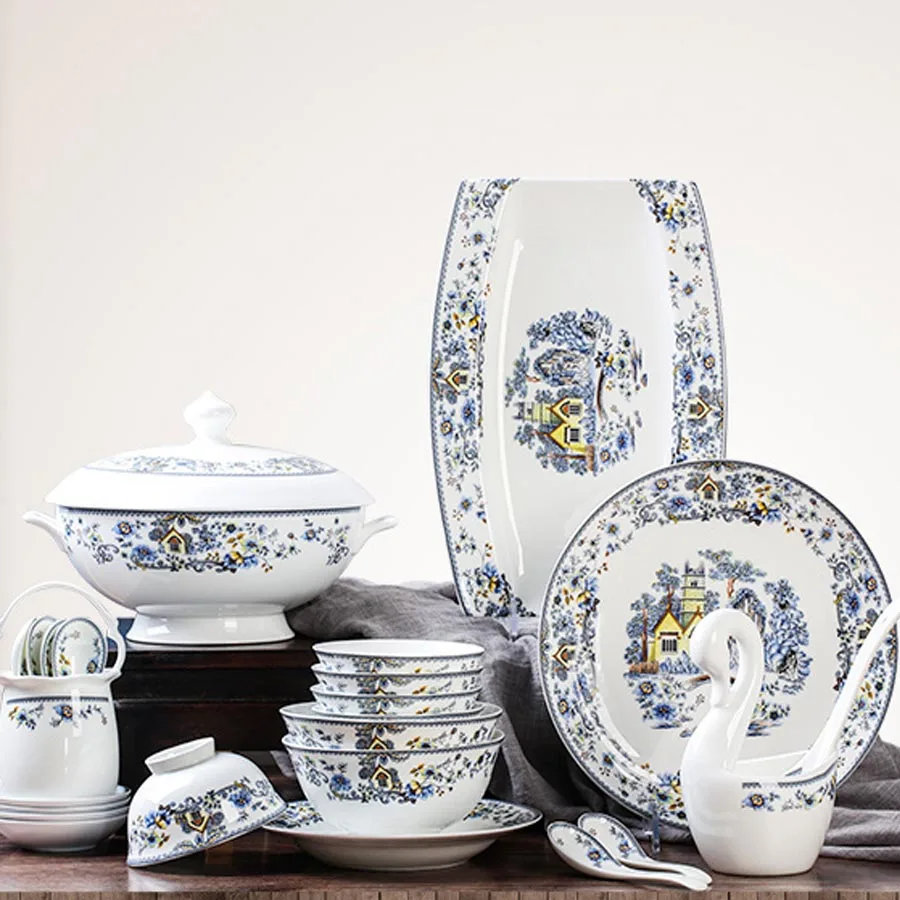

60 Heads jingdezhen ceramics Dinner Tableware Dishes Set chinese dishes Rice Bowl Salad Noodles Bowl Plate Dish Bowl Dinnerware