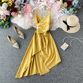 

NiceMix 2020 Slim V Neck Ruffles Asymmetrical Summer Dress Party Bandage Women Casual Tank Sundress Irregular Elegant