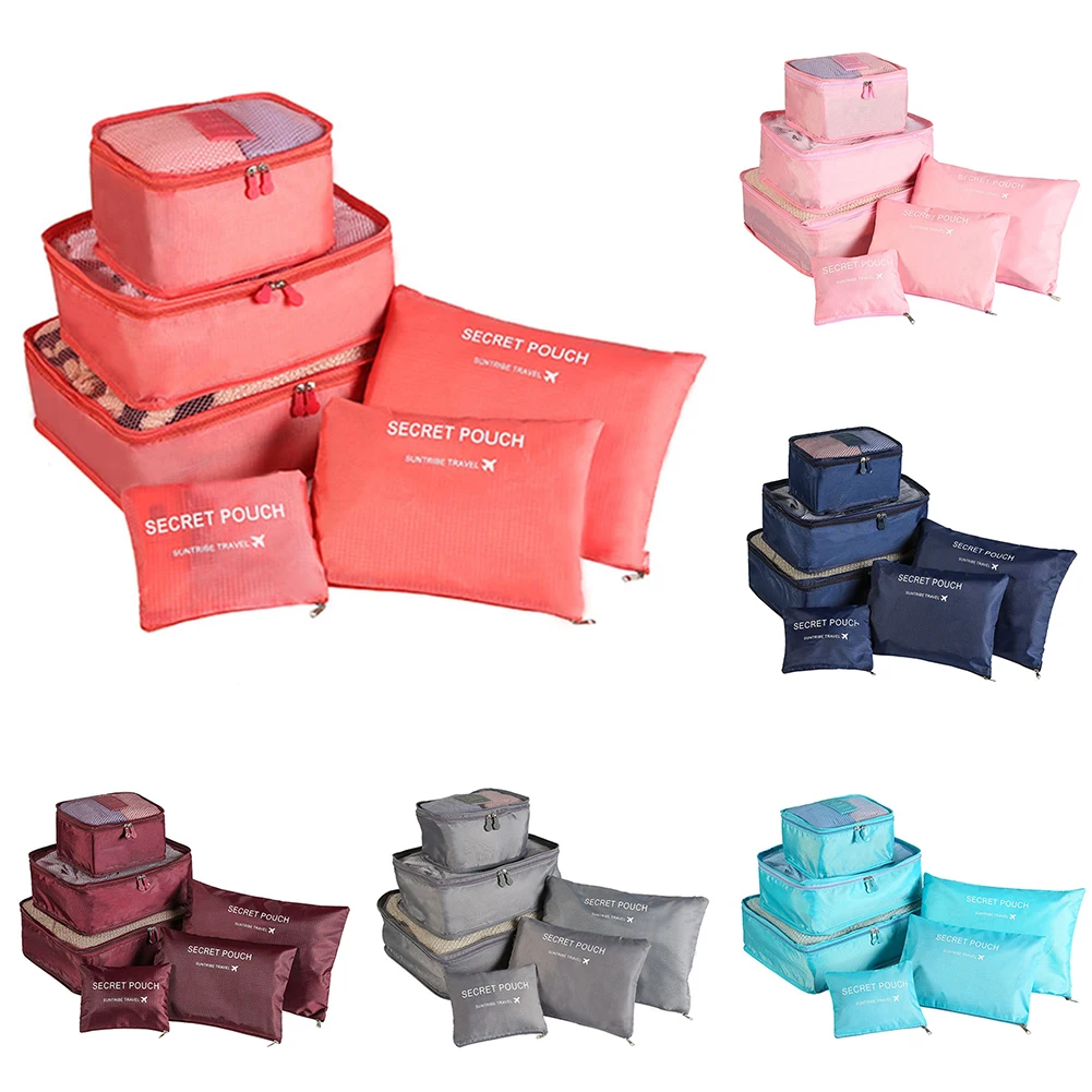 

6Pcs Zippered Travel Bag Mesh Storage Bag Travel Packing Cubes Set Organizer Closet Clothes Underwear Clothes Organizer Bags