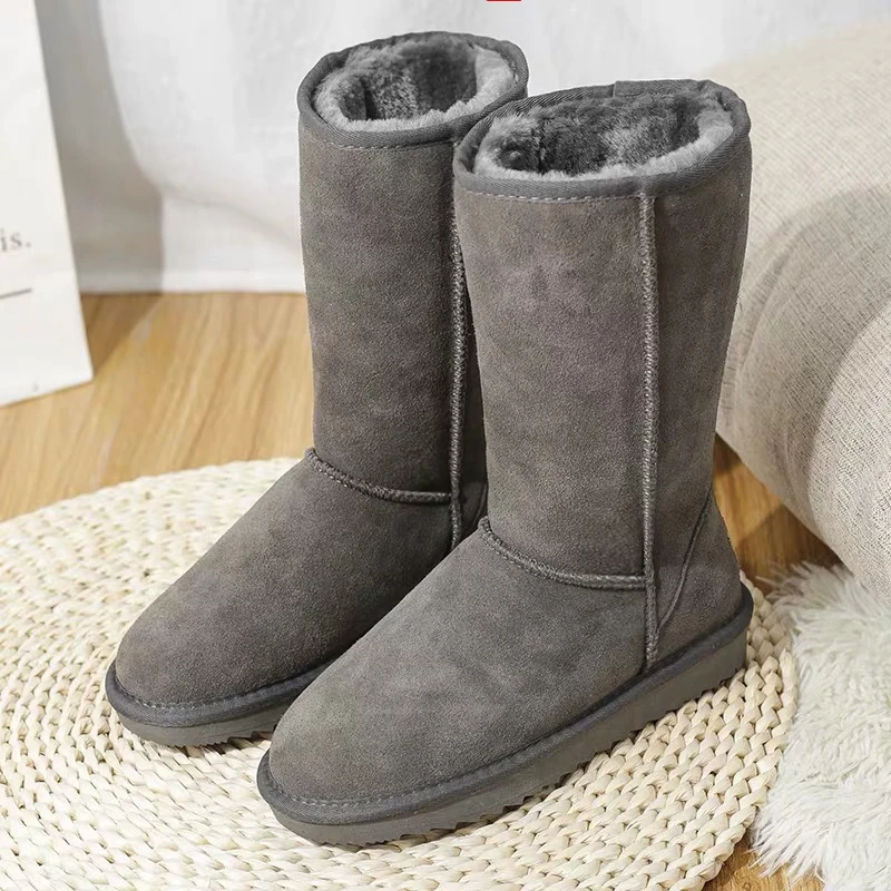 Botas impermeables hasta la rodilla para mujer, zapatos cálidos transpirables de cuero de vaca, gamuza, marrón, antideslizantes y acogedores, para invierno