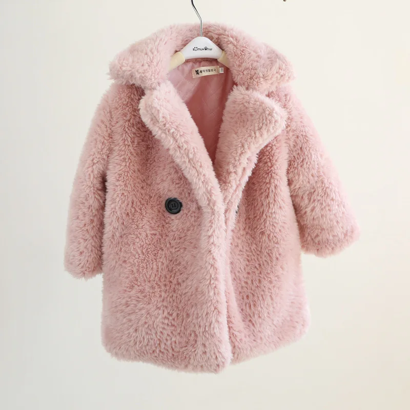 Dollplus/ Детская куртка; Детское пальто-кардиган из овечьей шерсти; плотные повседневные куртки для девочек; теплая верхняя одежда из искусственного меха для девочек-подростков - Цвет: Розовый