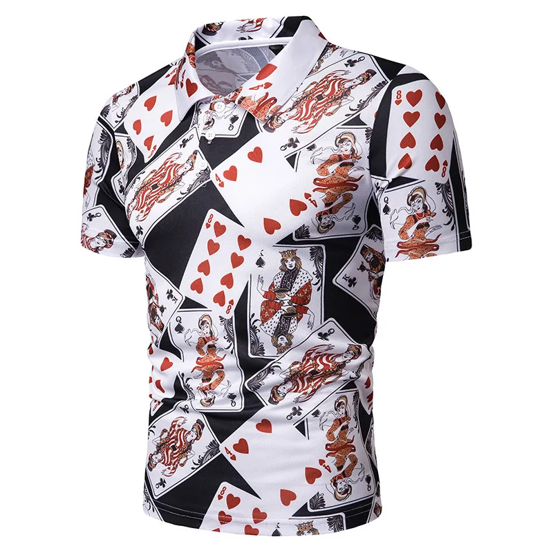 

New Style Summer Men Playing Cards Printed Ouma Short Sleeve Lapel T-shirt Pl73